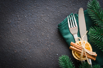 Festive table setting for Christmas or New Year dinner.