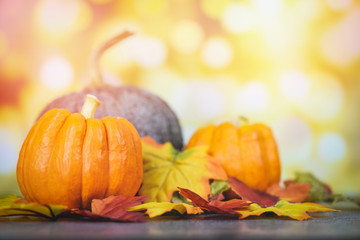 Naklejka na ściany i meble Thanksgiving dinner and autumn decoration and light background festive bokeh - Autumn table setting with pumpkins holiday halloween