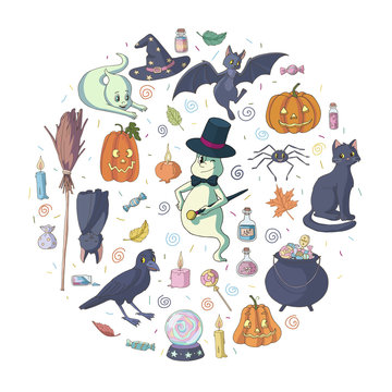 Circle made of different Halloween symbols (black cat, raven, bat, pumpkins, ghosts, candies, autumn leaves, witch stuff, etc). Template for greeting cards. Isolated objects on white background.