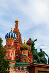 Fototapeta na wymiar Monument of Minin and Pozharsky at front of St. Basil cathedral on Red Square in Moscow, Russia