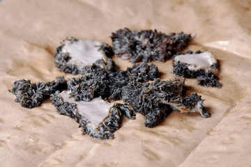 Beef tripe, for dogs on raw diet, on craft paper background. Natural useful food for pets. Close up, selective focus, copy space.