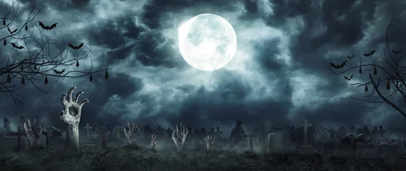 Foto op Plexiglas Zombie Rising and hands Out Of A Graveyard cemetery scary In Spooky dark Night full moon. Holiday event halloween concept. © sutlafk