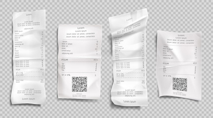 Receipt invoice, paper bills with qr codes for scan set isolated on transparent background. Supermarket shopping retail check and total cost store sale payment blank. Realistic 3d vector illustration