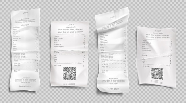 Receipt invoice, paper bills with qr codes for scan set isolated on transparent background. Supermarket shopping retail check and total cost store sale payment blank. Realistic 3d vector illustration