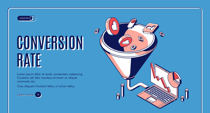 Conversion rate isometric web banner. Funnel sales channel, inbound business marketing buyer conversion and money profit generation or purchase infochart infographics. 3d vector line art landing page