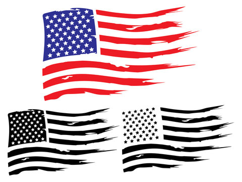 Vector USA grunge flag, painted american symbol of freedom. Set of black and white and colored flags of the united states of america.