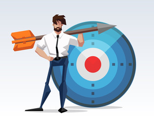 flat design picture illustration with character businessman standing with a big target and arrow. Flat design banner isolated on white background mission accomplished exactly. drawing company director