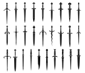 Set of simple monochrome images of medieval dagger and dirk. - obrazy, fototapety, plakaty