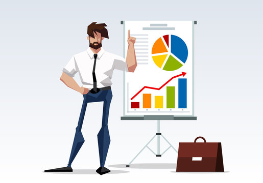 Concept illustration: Young cheerful businessman is showing on the graph how to reach the success in business / Flat editable vector illustration