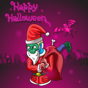 Happy Halloween. A man dressed as a zombie Santa Claus carries a bag from which protruded an arm and a bone on an isolated background. Vector image. postcard