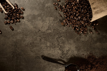 Coffee and bean beans Arabica 100% coffee roasted background 