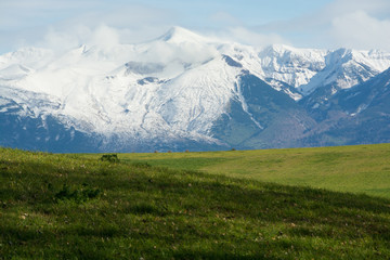 Fototapeta premium 秋の草原と冠雪の山頂 十勝岳