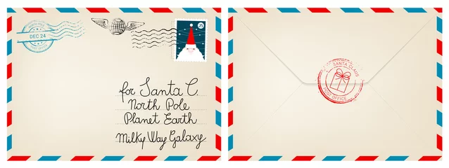 Foto op Plexiglas Dear santa claus mail envelope. Christmas surprise letter, child postcard with north pole postmark cachet vector illustration © pingebat