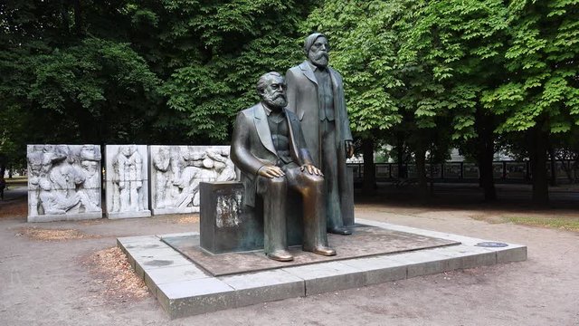 Monument to Karl Marx and Friedrich Engels in Berlin. 4K.