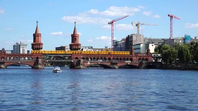 Oberbaum Bridge, Oberbaumbrucke, River Spree. Berlin. Germany. 4K.