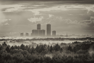 Sunset after rain over Moscow, Russia, retro black and white