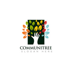 logo communitree, community and non profit with hand and leaf vector