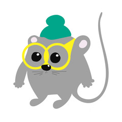 cartoon cute mouse in green hat and round glasses. vector illustration isolated on white background.