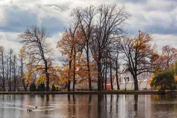 Bright autumn in the Ugresha Monastery, view from pond, Moscow Oblast, Russia