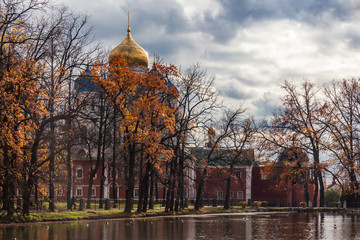 Bright autumn in the Ugresha Monastery, view from pond, Moscow Oblast, Russia