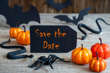 Black Label With English Text Save The Date. Scary Halloween Decoration Like Bat, Snake And Spider