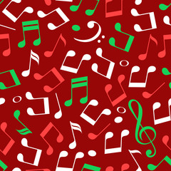 Simple messy red green and white music notes with treble and bass clefs, christmas colors, seamless pattern, vector