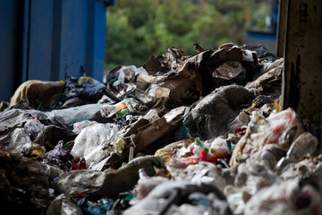  Garbage pile in trash dump or landfill, Waste from household in waste landfill, waste disposal in dumping site, excavator machine is working on a mountain garbage.