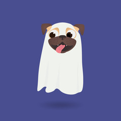 Cute dog dress up ghost suit. Little happy pug puppy in Halloween costume. Ghost Costumes for Dogs. Vector cartoon illustration.
