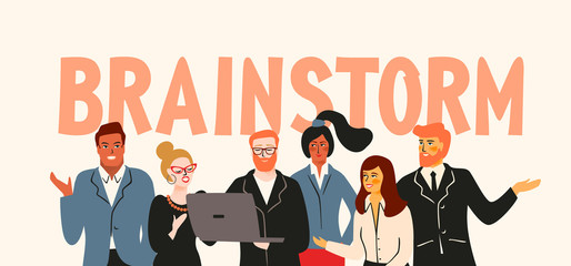 Vector illustration of brainstorm. Office workers, businessmen, managers.