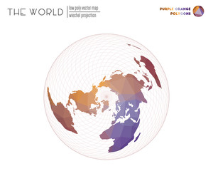 Abstract geometric world map. Wiechel projection of the world. Purple Orange colored polygons. Modern vector illustration.