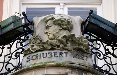 Franz Schubert, bas relief in memory of his visit in Graz, Styria, Austria on January 10, 2015.