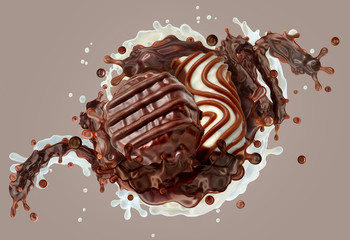 Milk chocolate sauce 3D splash, assorted milk chocolate praline candies dessert isolated on color background. Hot melt milk chocolate sauce cream, sweet milk chocolate candy splash design elements