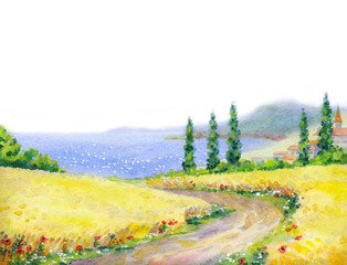 Watercolor landscape. Road to the sea in a wheat field