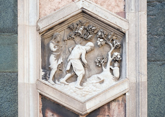 Adam and Eve working after the Fall by Andrea Pisano, 1334-36., Relief on Giotto Campanile of Cattedrale di Santa Maria del Fiore (Cathedral of Saint Mary of the Flower), Florence, Italy