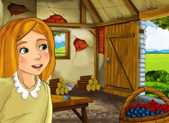 Obraz na płótnie Canvas cartoon scene with old kitchen in farm house with happy woman and girl - illustration for childrencartoon scene with old kitchen in farm house with happy woman and girl - illustration for children
