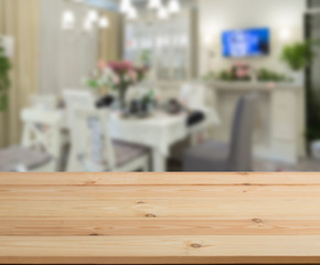 abstract blur inside interior contemporary kitchen loft decoration style with wood plank perspective background for show promote content ,product on disply