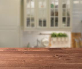 abstract blur inside interior contemporary kitchen loft decoration style with wood plank perspective background for show promote content ,product on disply