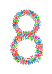 Number 8 made of flowers isolated on white background