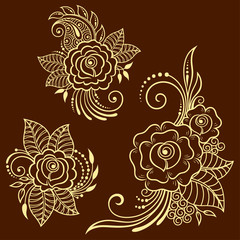 Set of Mehndi flower pattern for Henna drawing and tattoo. Decoration in ethnic oriental, Indian style. Doodle ornament. Outline hand draw vector illustration.