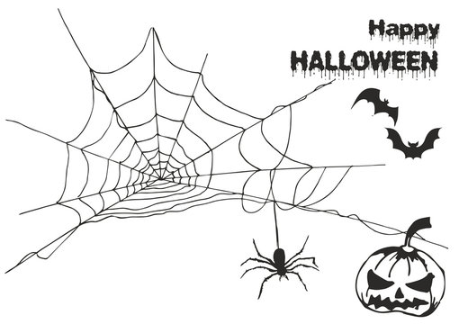 Set of vector elements to create different invitations and posters for Halloween: spider web, happy Halloween  inscription, pumpkin and spider and bats on a white background