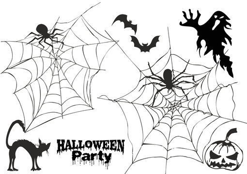 Set of vector elements to create different invitations and posters for Halloween: spider web, happy Halloween inscription, pumpkin,  spider, bats, black cat and Ghost on a white background