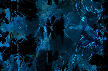 Ethereal bright dark blue alcohol ink neon abstract background. Modern deep glowing flow liquid watercolor paint splash texture effect illustration for card design, creative banners, graphic design.