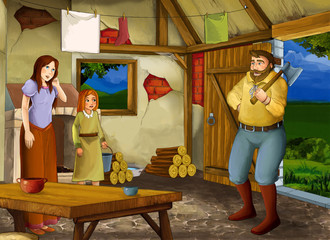 cartoon scene with old kitchen in farm house with happy father mother and daughter - illustration for children