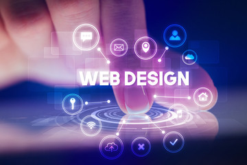 Finger touching tablet with web technology icons and WEB DESIGN inscription, web technology concept