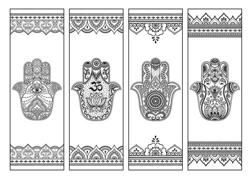 Printable bookmark for book - coloring. Set of black and white labels with Hamsa patterns, hand draw in mehndi style. Sketch of ornaments for creativity of children and adults with colored pencils.