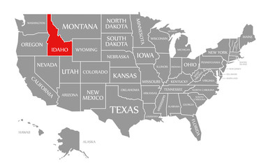 Idaho red highlighted in map of the United States of America