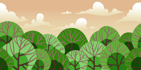 Fototapeta premium Summer landscape background of green trees. Seamless horizontal vector pattern
