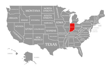 Fototapeta na wymiar Indiana red highlighted in map of the United States of America
