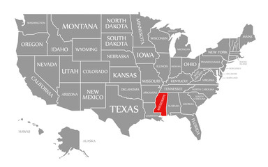 Fototapeta na wymiar Mississippi red highlighted in map of the United States of America