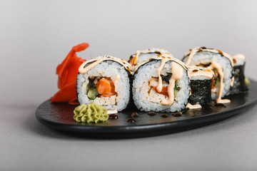 japanese national food, sushi on light background